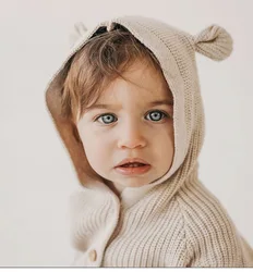 Unisex malha cardigan com orelhas de urso hoodie, bebê meninos e meninas camisola, casaco infantil, roupas infantis, inverno