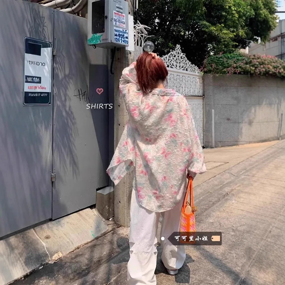 Women's Shirt Floral Print Mid-length Sunscreen Slim 2025 New Floral Design Long Sleeve Fit Button Up Top Summer