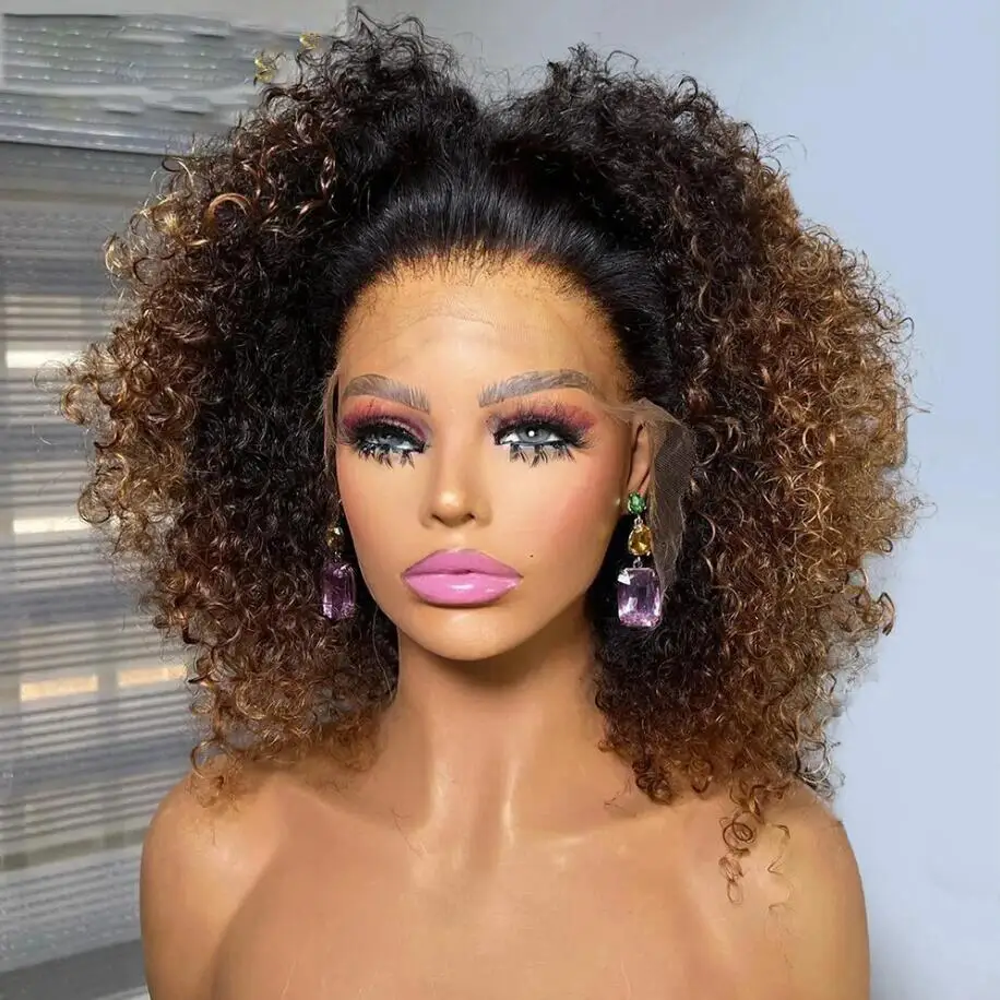 

180Density Ombre Brown Short Soft 16Inch Kinky Curly Lace Front Wig For Women With Baby Hair Preplucked Daily Glueless