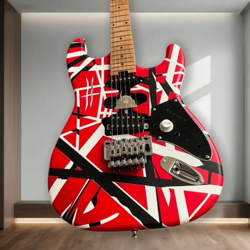 Hot Sales 6 String STQ Style Electric Guitar Red Black White Striped Graphic Floyd Rose Tremolo System Maple Neck Performance