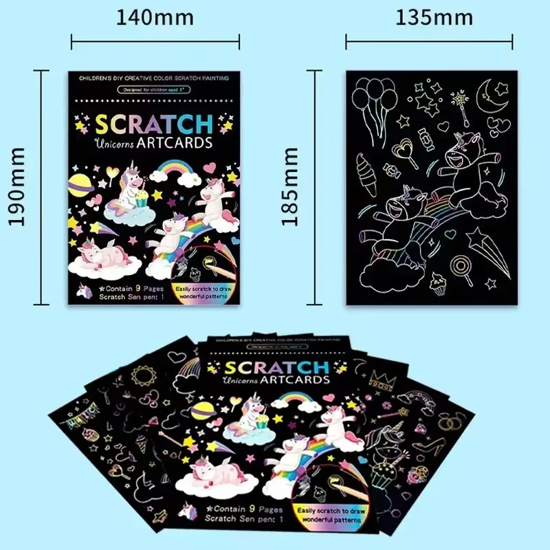 9개 세트 매직 레인보우 컬러 스크래치 아트 페인팅 페이퍼 카드 키트 만화 동물 드로잉 보드 드로잉 장난감 DIY 교육용 장난감