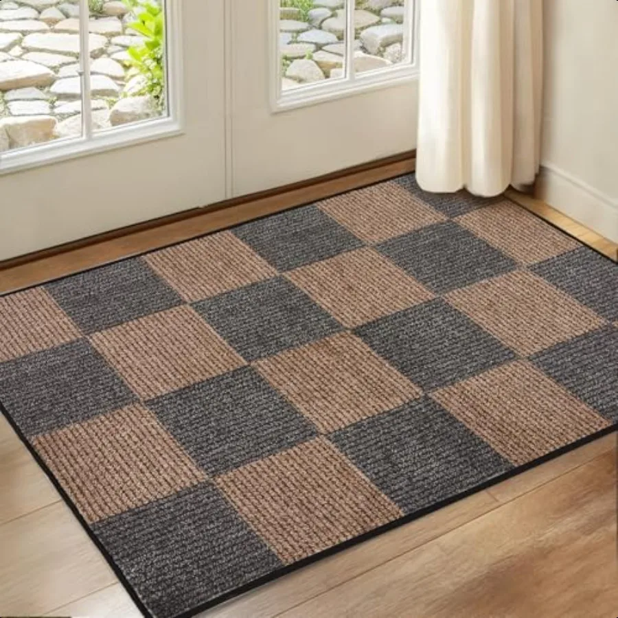 

Washable Door Mat Indoor Entrance 2x3 Checkered Rug Black and Brown Area Rug Low Pile Lightweight Indoor Carpet with NonSlip Ba