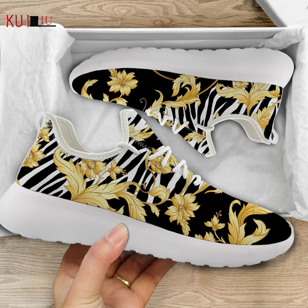 

KUILIU Zebra Pattern Printing Women Cusual Shoes Mesh Knit Sneaker Golden Baroque Luxury Flower Breathable Lightweigt Shoes