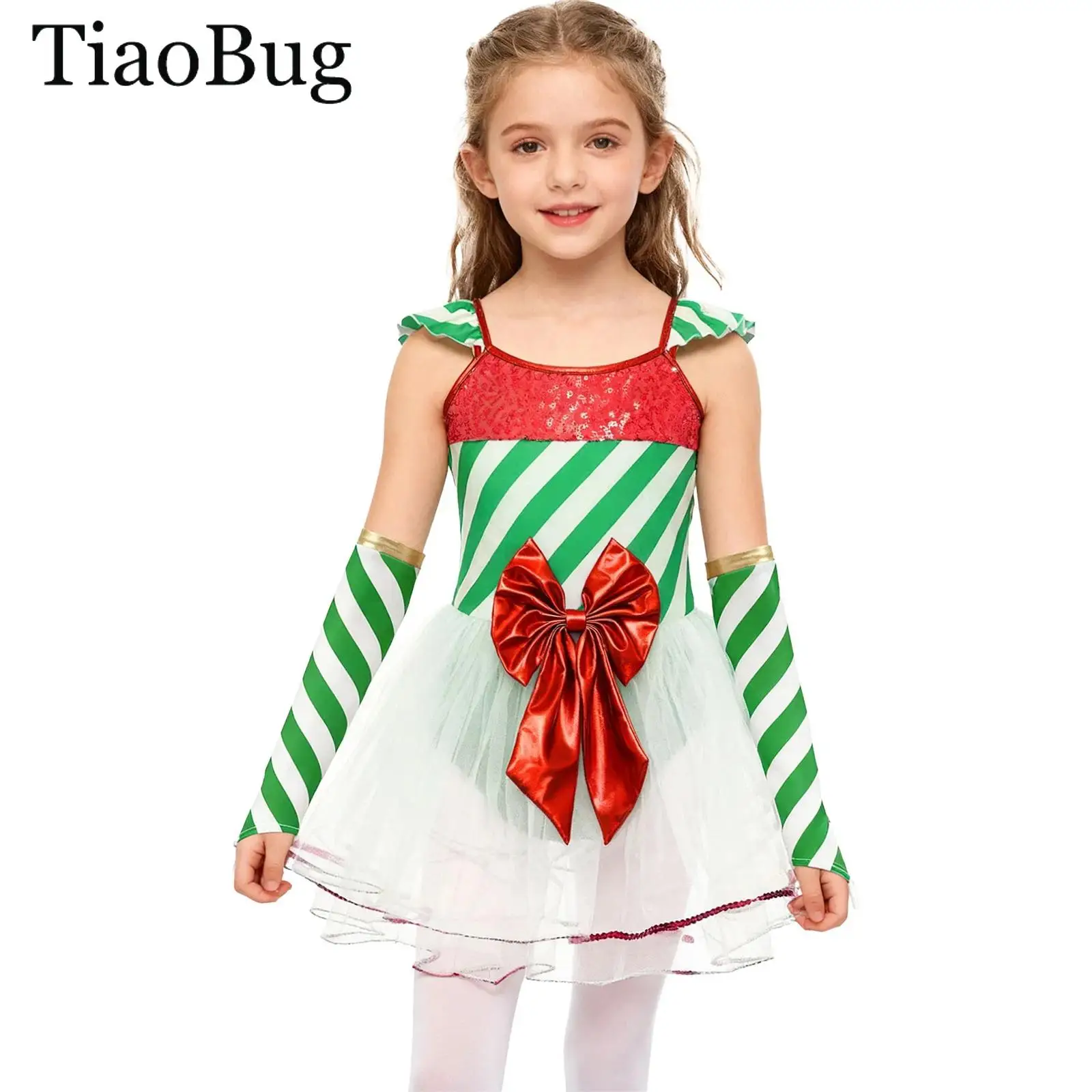 

Girls Christmas Candy Cane Striped Dress Sequin Bowknot Mesh Ballet Tutu Leotard Dress +Oversleeves Santa Claus Cosplay Costume