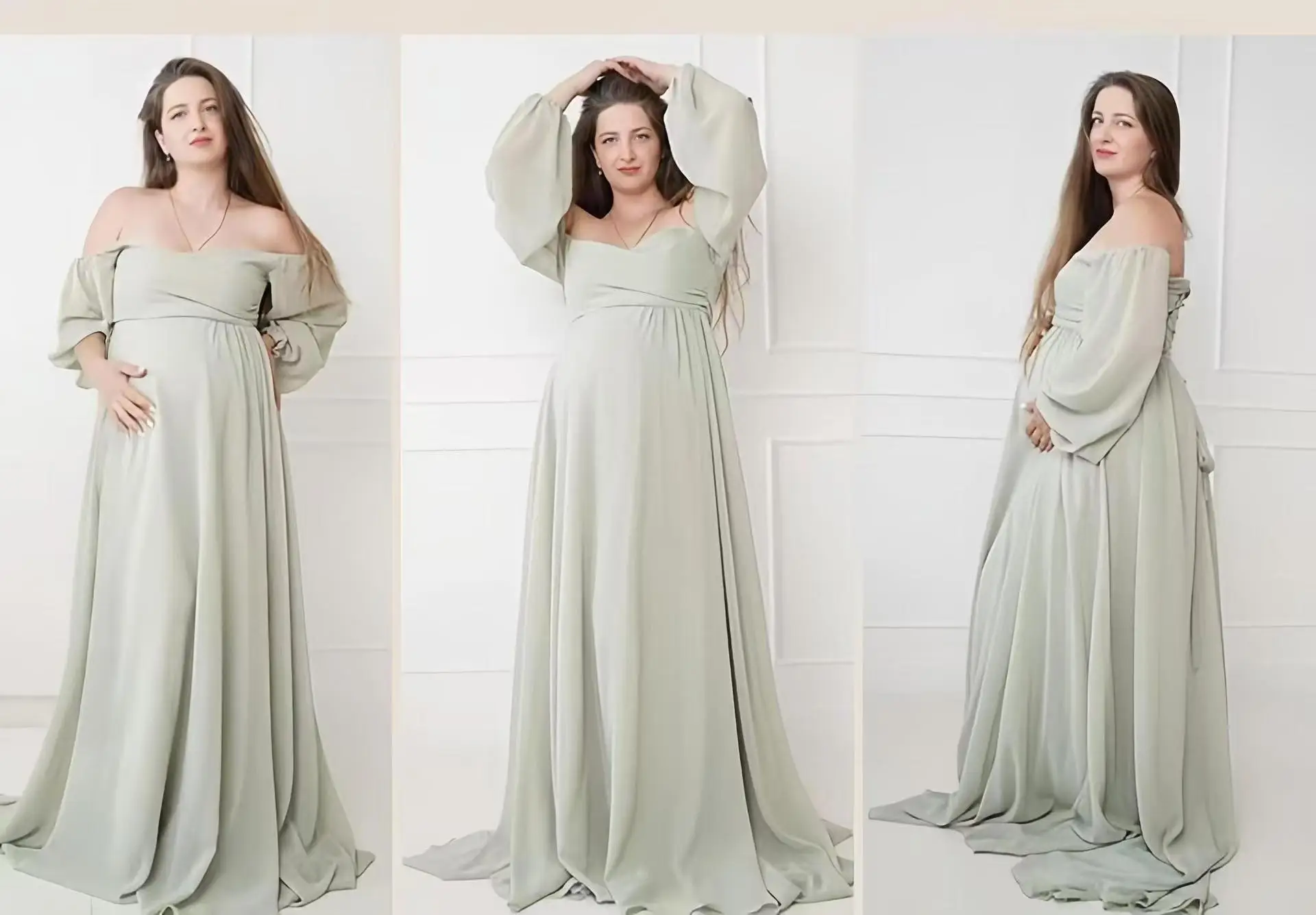 

2025 White Cotton Maternity Photography Props Dress With Slit Maternity Photo Shoot Tulle Long Dress Loose Sleeve