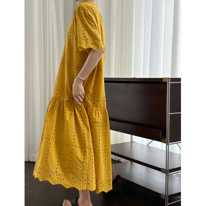 Johnature francese cut-out pizzo ricamo all'uncinetto abito donna 2025 estate nuovi abiti lunghi casual allentati semplici con scollo a V