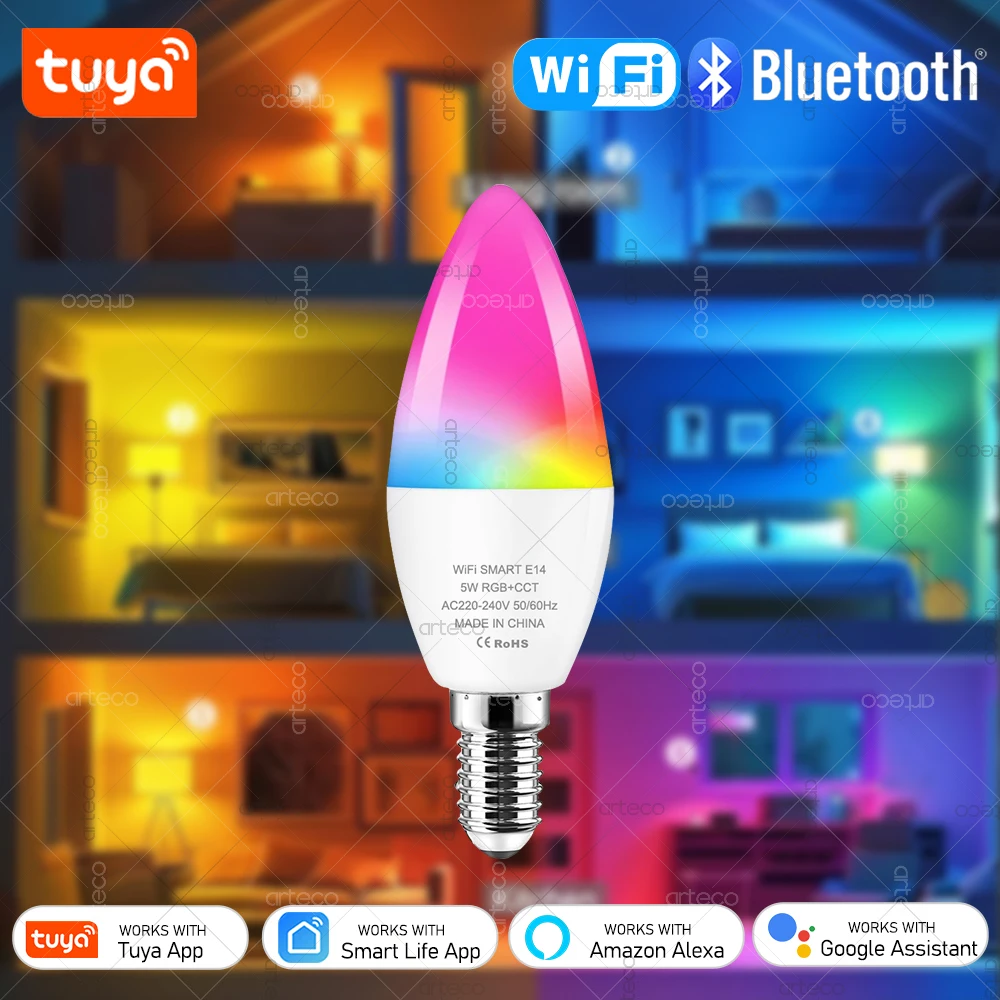 

Умная лампа Tuya E14, Wi-Fi или Bluetooth, светодиодные лампы с регулируемой яркостью, RGBCW, приложение Smart Life, люстра, светодиодная лампа-свеча, AC 220 В-240 В