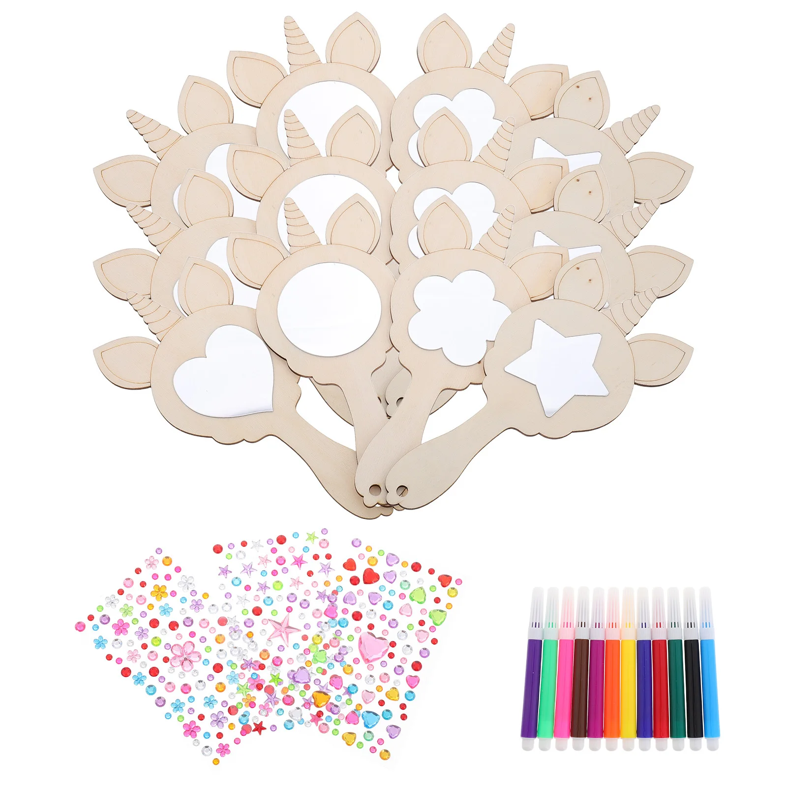 مجموعة واحدة من مرآة صغيرة محمولة باليد على شكل وحيد القرن الخشبية غير المكتملة، لوحة يدوية لتزيين الأطفال، ملحقات مكياج، مرايا خشبية غير مكتملة