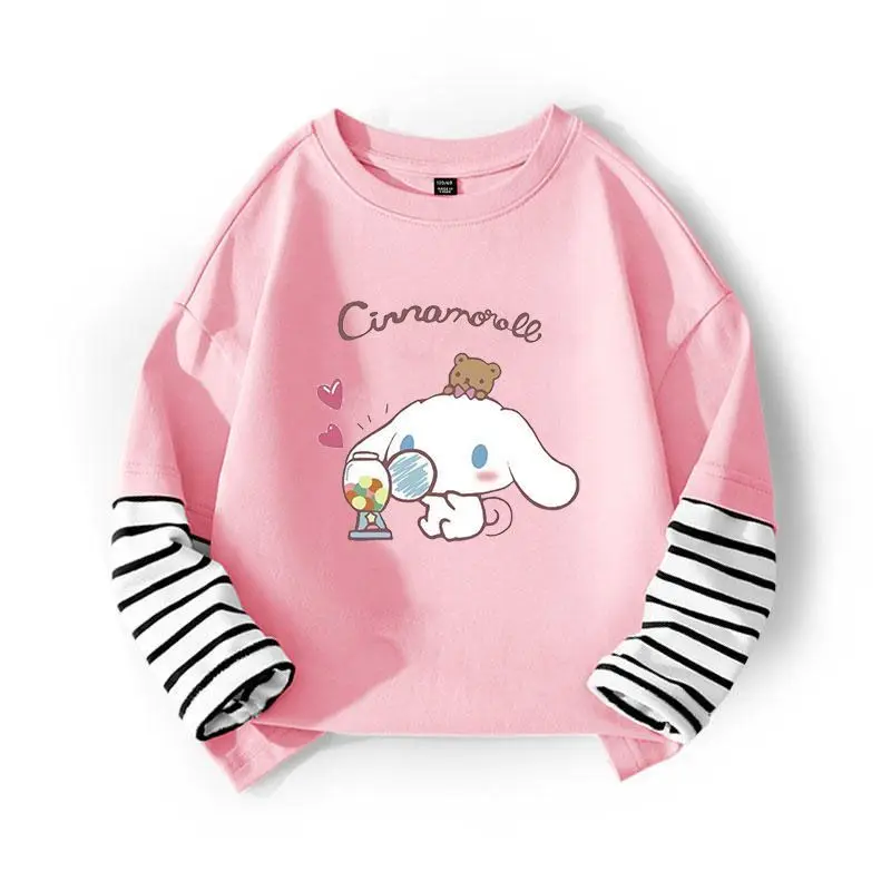 

Autumn Baby Girls 100% Cotton Clothes Top Kid Sanrio Cinnamoroll Printed Long Sleeve T-shirts Children Stripe Patchwork Pullover