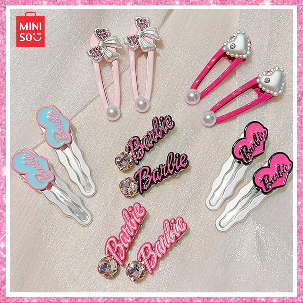 Miniso Barbie Diamond Dopamine Y2K Cute Heart Shaped Pearl Little Bow Bangs Clip per capelli Clip a becco d'anatra Pink Cute Girl Gift Hairpin