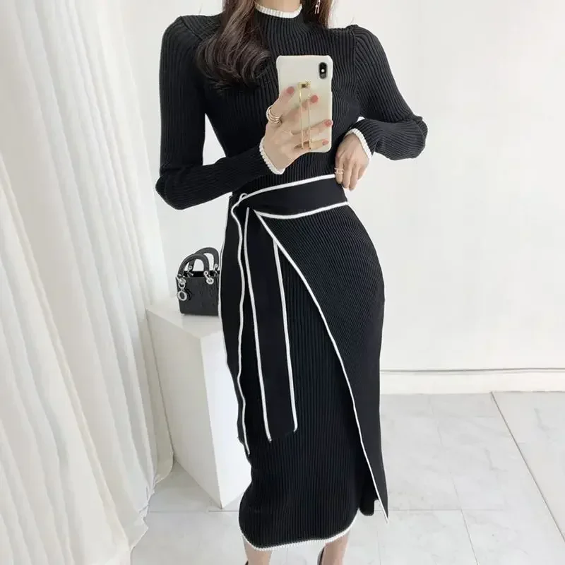 Knee Length Bodycon Crochet Dresses for Women Cover Up Midi Woman Knitted Dress Autumn and Winter Elegant Chic New Features of X