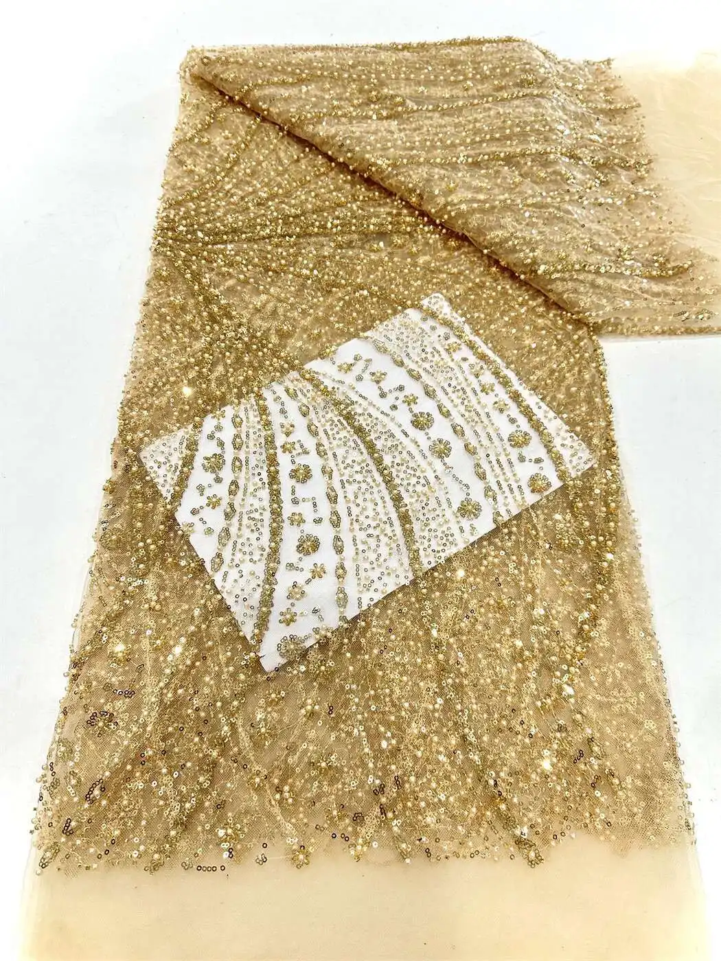

2025 5 Yards Luxury High-end Beaded Fabric Heavy Sequins Embroidery Fabric Fashion French Tulle Mesh Lace Fabric for Wedding