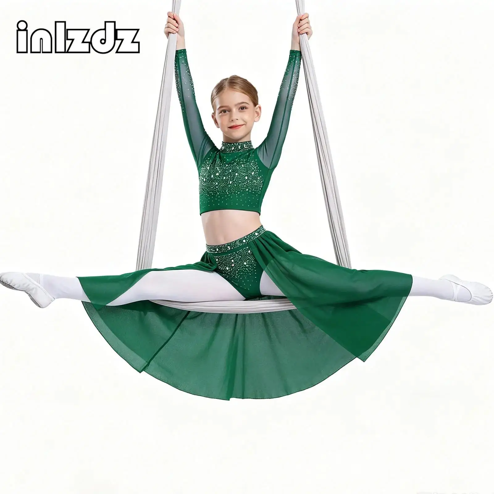 

Kids Girls Lyrical Dance Outfits Modern Dance Figure Skating Performance Clothes Long Sleeve Rhinestones Crop Top+Skirt 2pcs Set