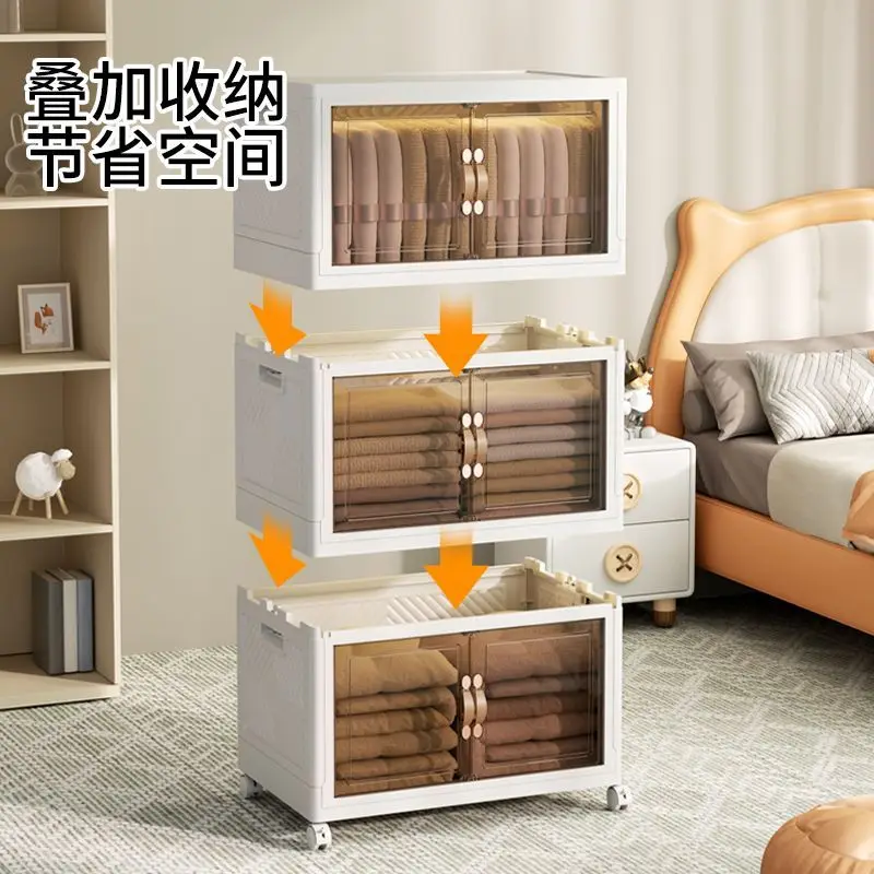 Multilayer foldable storage cabinet with double door organizing box transparent storage box household baby cloth storage rack