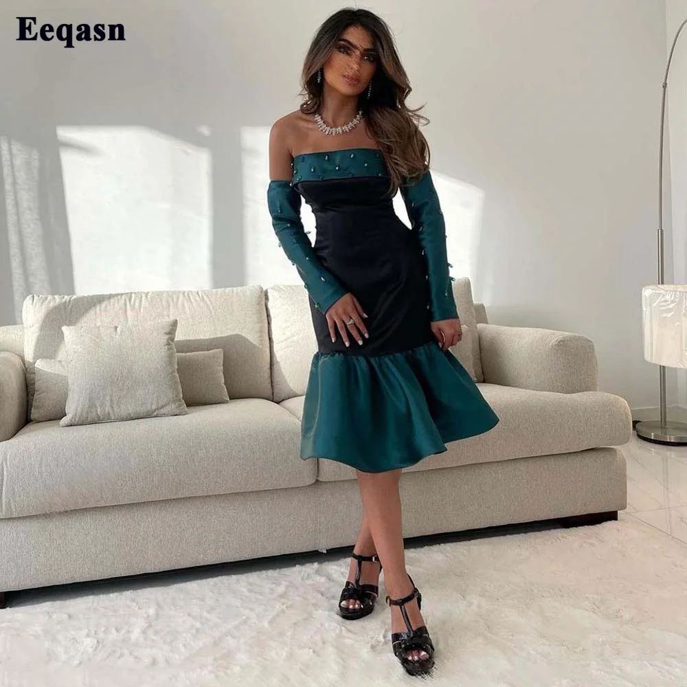 

Eeqasn Sheath Black Arabic Evening Dresses Midi Long Sleeves Satin Women Prom Dress Knee Length Bead Pageant Occasion Gowns