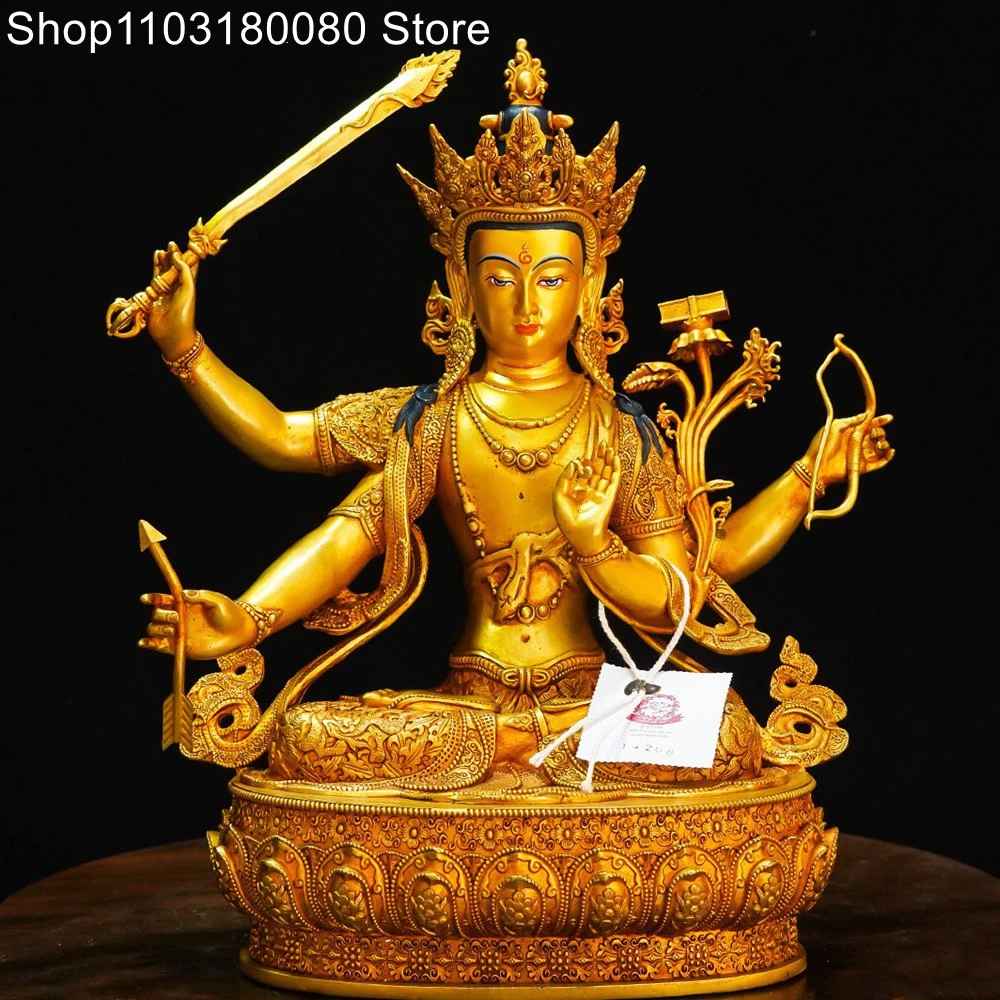 

Copper gilding relief Four-arms Manjusri Bodhisattva Buddha statue Tibet buddhism sculpture decor Large size 30cm,22cm,15cm