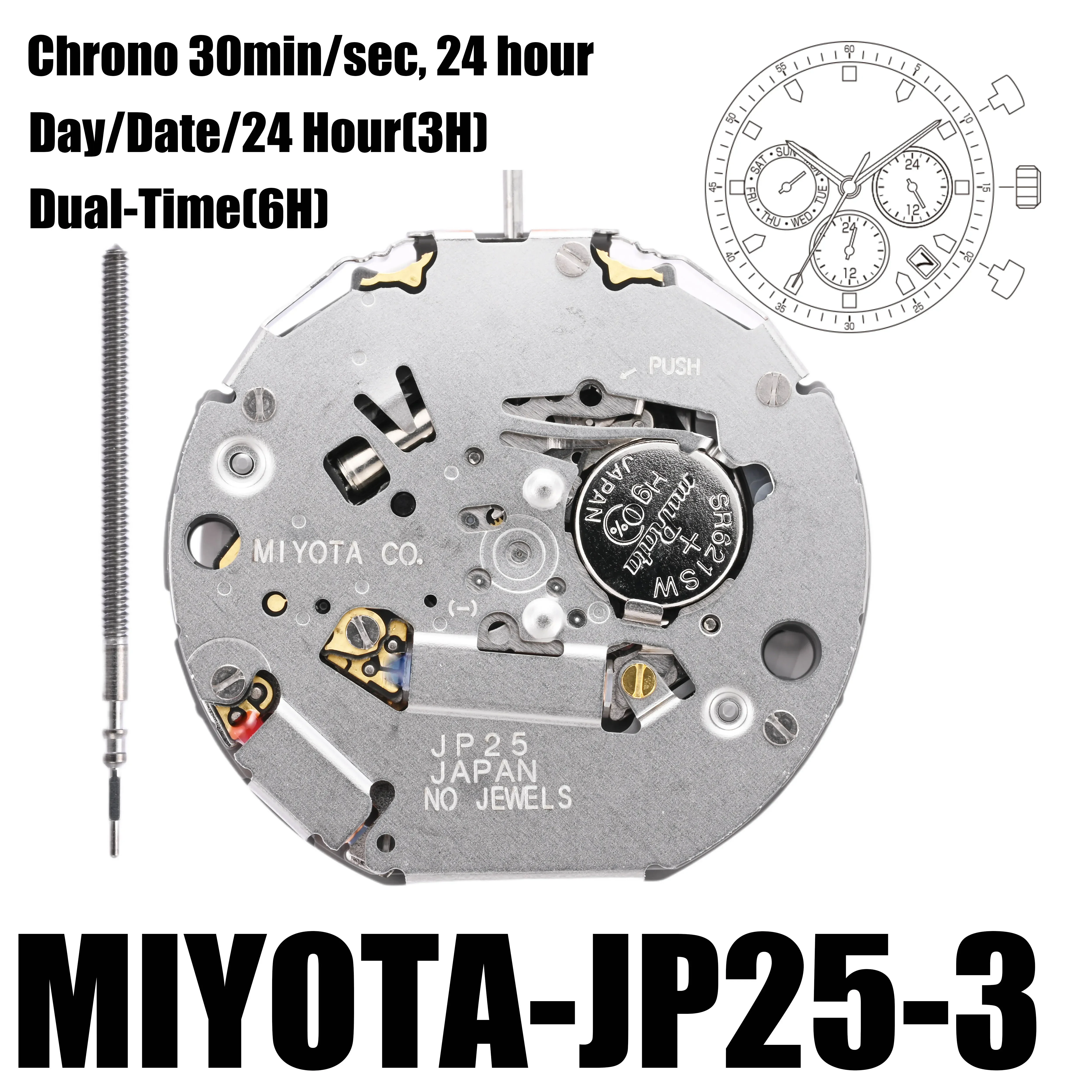 JP25 Movement Miyota JP25 Movement Multi-Function Quartz Watch Movement with Day At 3:00 Size: 12 1/2\'\'\'; Height: 4.30mm