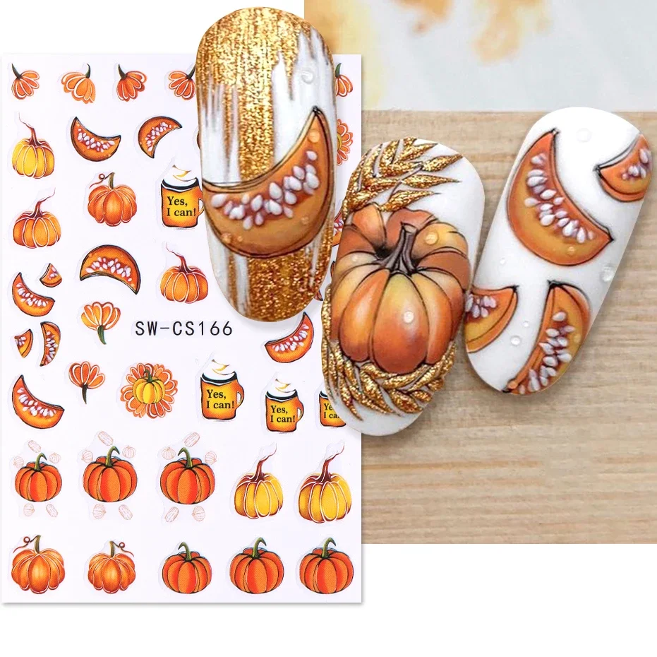 3D Autumn Pumpkin Nail Sticker Fall Leaf Slider Halloween Scorpion Cherry Spider Web Ghost Decal DIY Manicure Art Decoration Tip