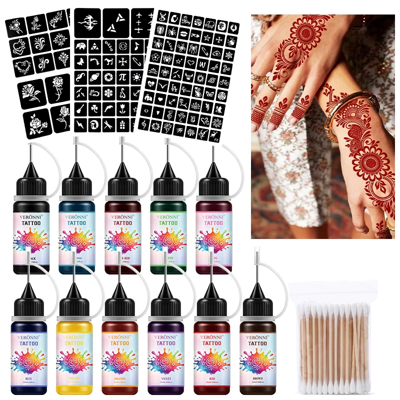 11pcs Juice Temporary Tattoo Ink Set with 3 Sheets Tattoo Stencils & 100pcs Cotton Swabs,Waterproof Long‑Lasting DIY Body Art