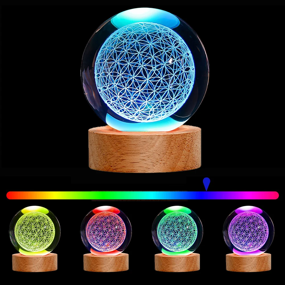 1pc 3D Laser Engraved Flower of Life Crystal Ball RGB 16 Color Night Lighting Chakra Healing Grid Flower Globe Spiritual Gift