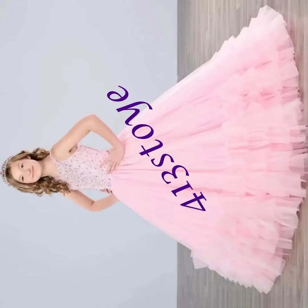 

Customized Pink Flower Girl Dresses For Wedding Tulle Tiered Backless Crystal Luxury Kids Quinceanera First Communion Prom Gown