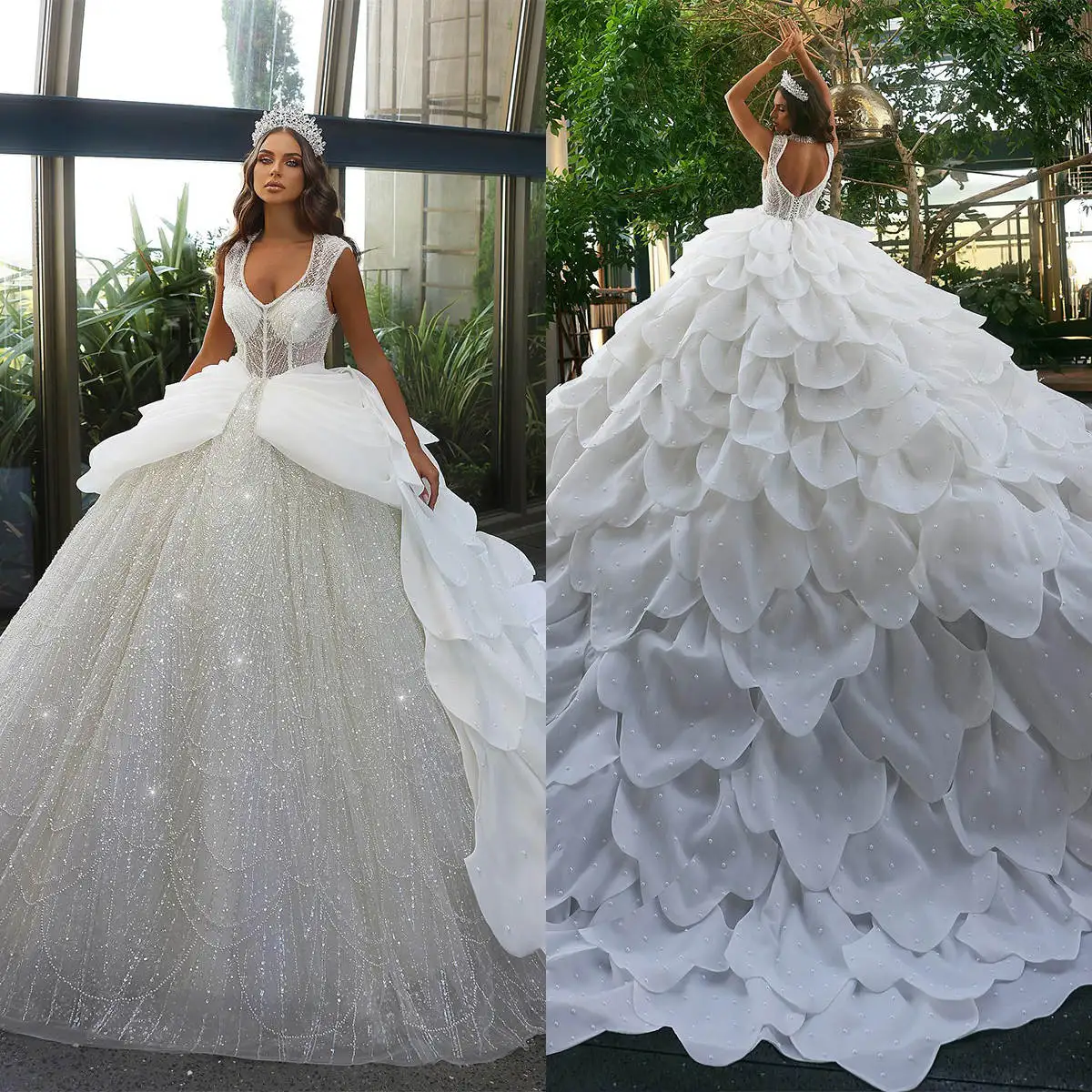 Robe de Mariée de Bal de Styliste à Col Rond, Vêtement à Paillettes avec Poignées Amovibles et Traîne Personnalisée