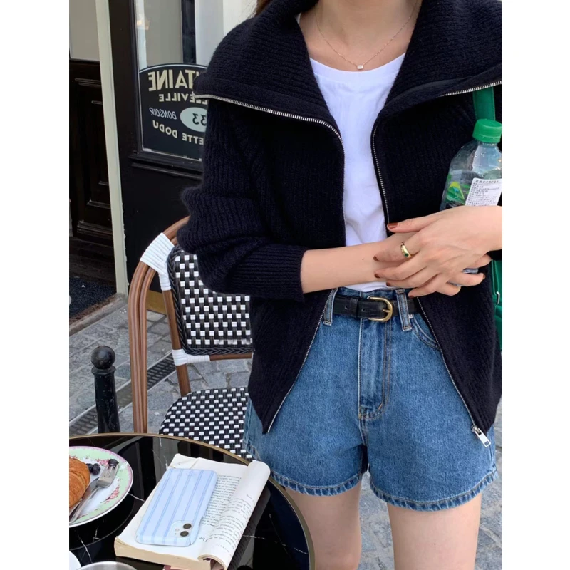 Damski sweter-płaszcz z dzianiny, luźny krój, duży kołnierz, zapinany na zamek, jesień-zima, nowy, styl koreański.