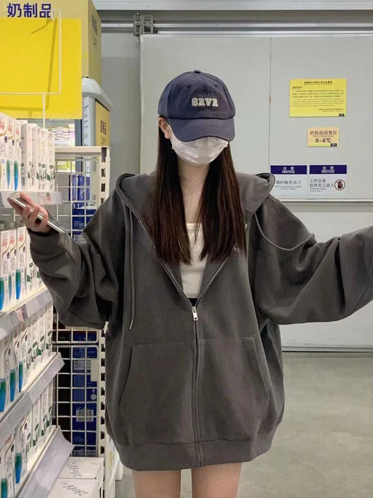 

Oversize Women's Sweatshirts Autumn Casual Korean Long Sleeve Hooded Zip-up Y2k Hoodies Streetwear Harajuku Female Clothes Black