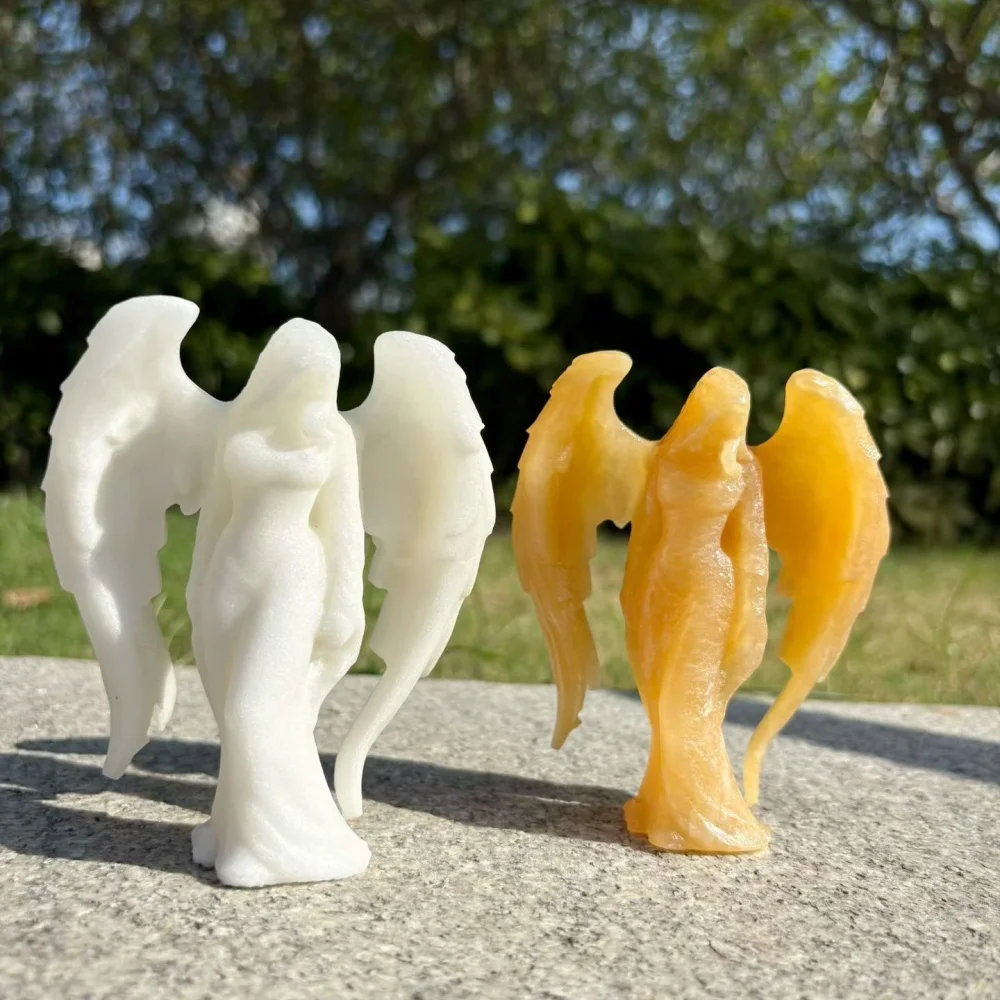 10cm White & Yellow Calcite Flowing Dress Angel Figurine Hand Carved Winged Gemstone Statue Home Decor Reiki Healing Gift