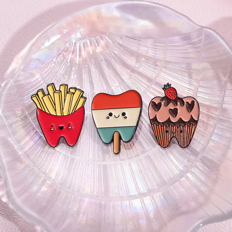 Food Series Enamel Pins Cute tooth brooch of donut sushi popsicle potato chips cake Accessories Metal Badge Jewelry Wholesale