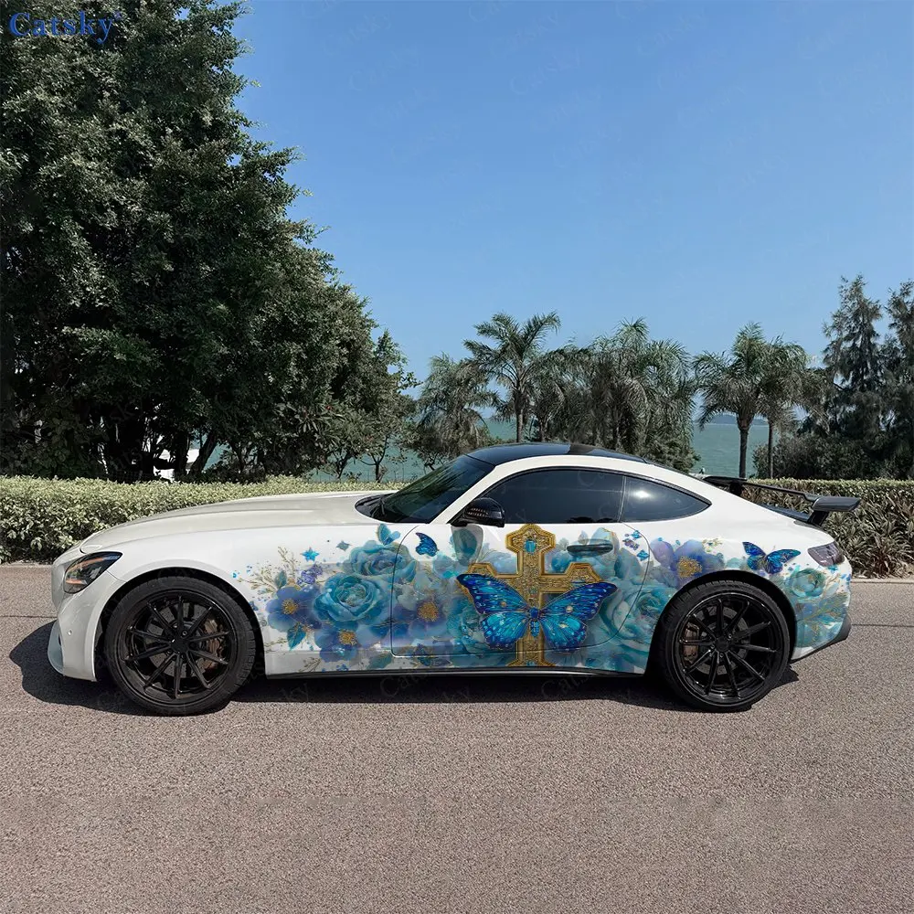 2pcs Flower Gilt Cross Butterflies Car Side Wraps, Self-Adhesive PVC Waterproof & Scratch-Resistant Stickers, Car Accessory Gift