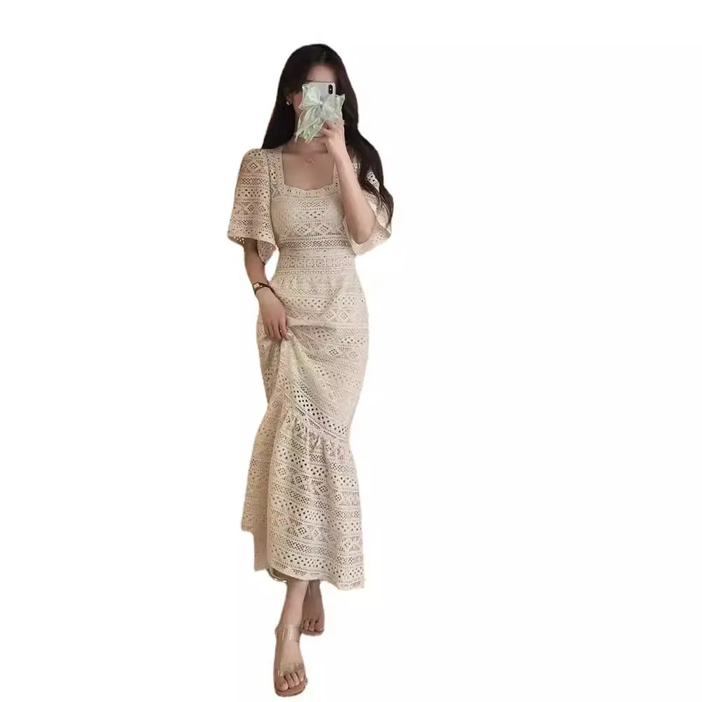 2024 New Long Dresses Female Versatile Casual Summer Frocks Elegant Women Lace Maxi Dress Square Collar Slim Hollow Out Beige