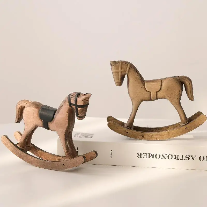 Nordic Retro Wooden Rocking Horse Ornament Hand Polished Hand Carved Balance Decor for Bookshelf Desktop Birthday Gift