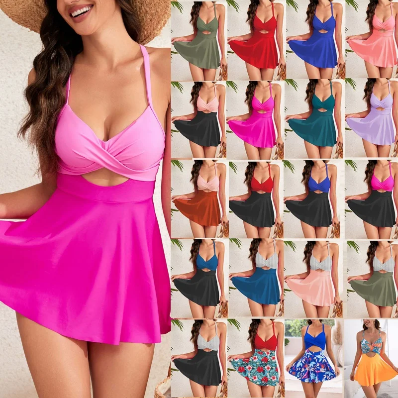 24New Tankini Swimsuit Women's Belly-Covering Hollow Split Cross Skirt Siamese Hot Spring Bathing Suit