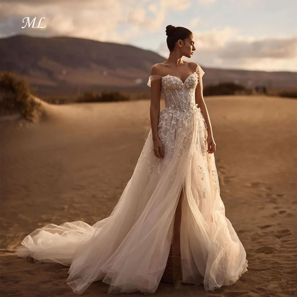ML Plus Size Sequined Wedding Dress Sweet Off-the-shoulder Sheer Dazzling Long Bride Wear Customized Dreamy Flowers Gown Luxury