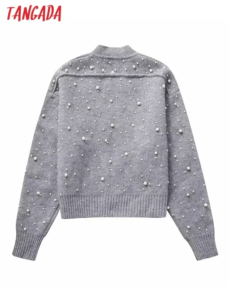 Tangada 2023 Women Gray Pearl Decorate Thick Cardigan Sweaters Zipper Long Sleeve Female Jumper BE123