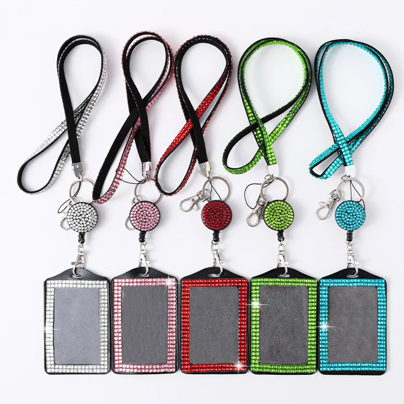 Badge Reel Card Cover Rhinestone Badge Holder Crystal Retractable Lanyards Work Card Case ID Name Badges Protector Case