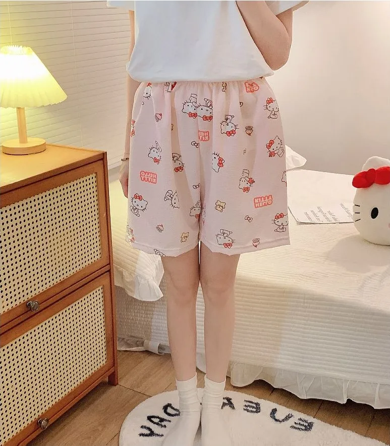 

Hello Kitty, милый женский летний хлопковый кружевной пижамный комплект с короткими рукавами и шортами, удобная одежда для сна, домашняя одежда