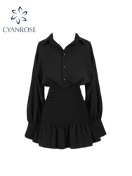 Black Gothic Women's Shirt Dress French Style Vintage Retro Dress Long Sleeve Casual Chic Elegant Tunic High Waist Sundress 2022