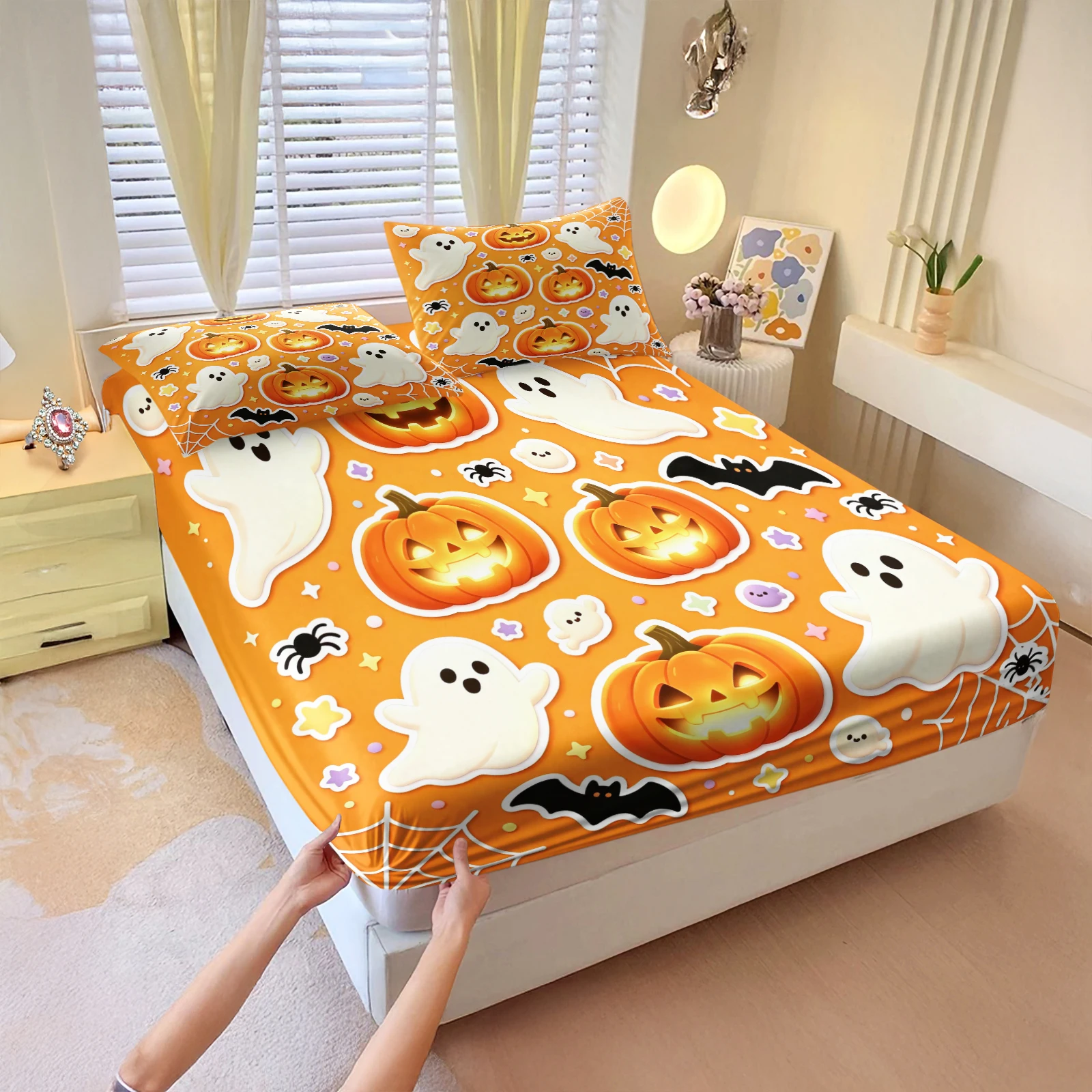 Cute Halloween Ghost Pumpkin Fitted Sheet Set Bat Spider Web Orange Mattress Cover With Pillowcase Cartoon Holiday Bed Linen