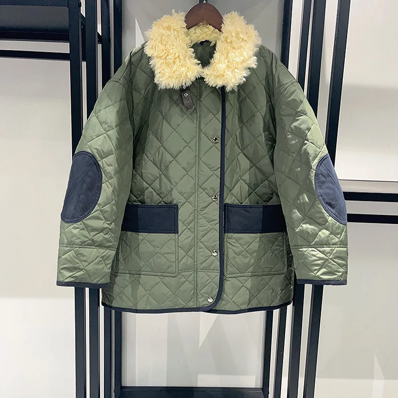 

【Gift Free】2025 Autumn Winter Detachable Faux Fur Collar Patchwork Quilted Diamond Trim Loose Lightweight Cotton Jacket Women