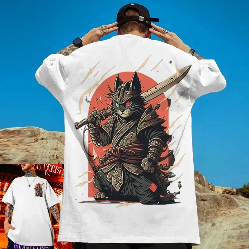 New Samurai Men's T-shirt, 3D Printed Samurai Cat Fashion Oversized Loose O-neck Short Sleeved Street Casual Comfortable Top