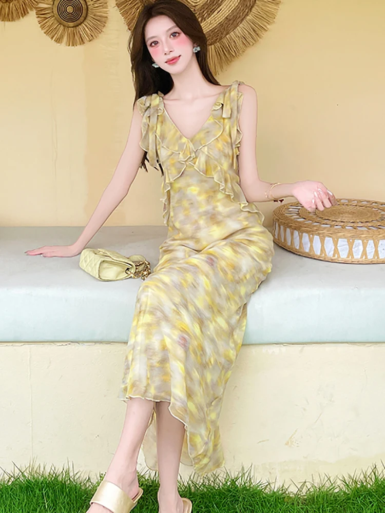 2025 nuevo vestido largo Floral elegante con volantes y cuello en V para mujer, vestido bohemio elegante informal para vacaciones, vestidos coreanos ceñidos de una pieza para verano