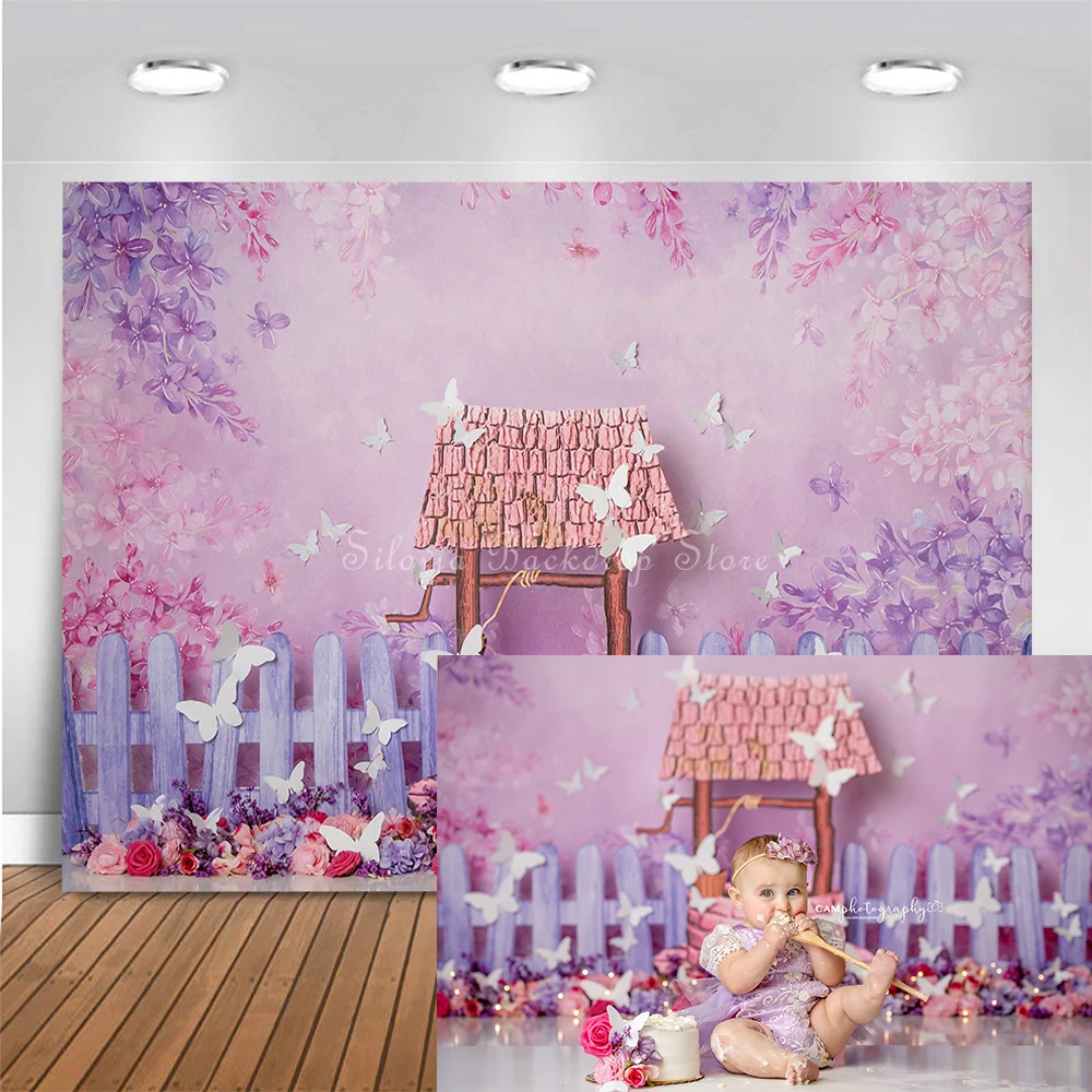 

Princess Wishing Well Photography Background Pink Purple Flower Butterflies Backdrop Girl Birthday Cake Smash Photo Studio Props