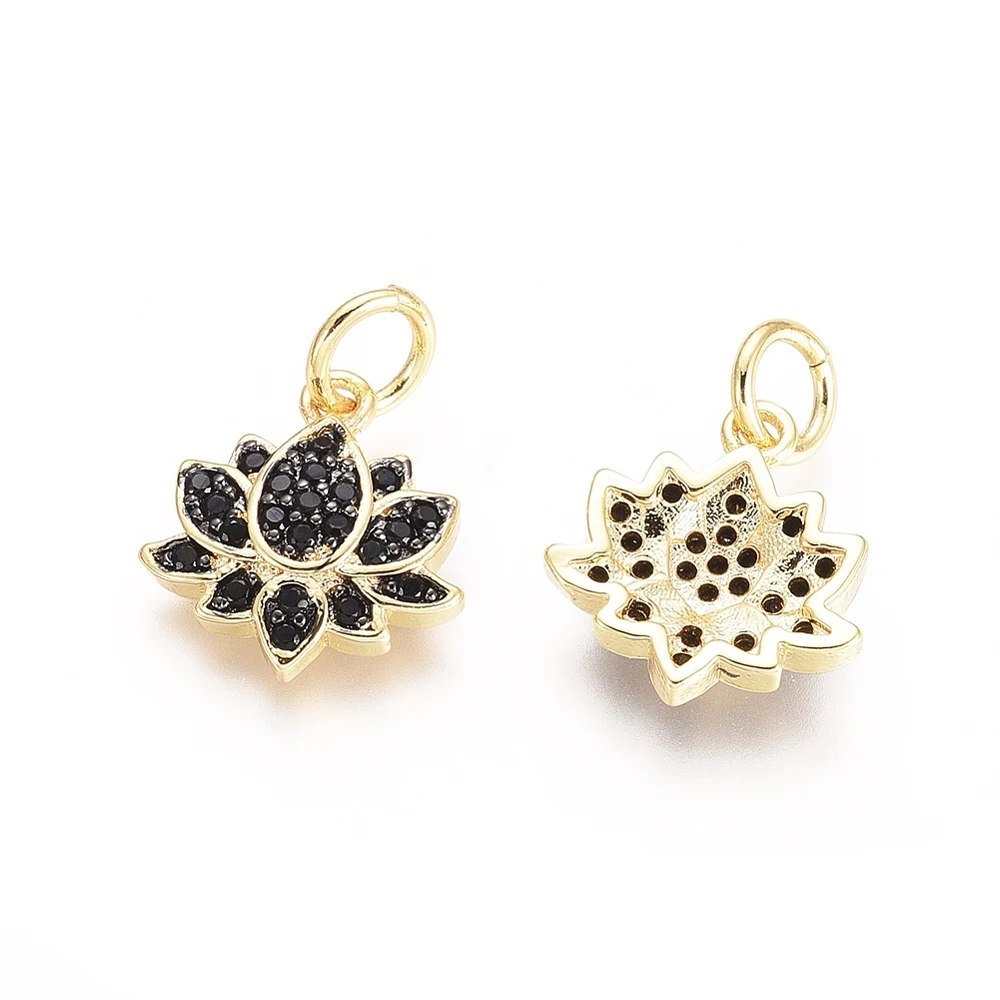 Pandahall Brass Micro Pave Cubic Zirconia Charms, with Jump Rings, Lotus, Black, Gunmetal & Golden, 12x11x2.5mm, Hole: 3.4mm