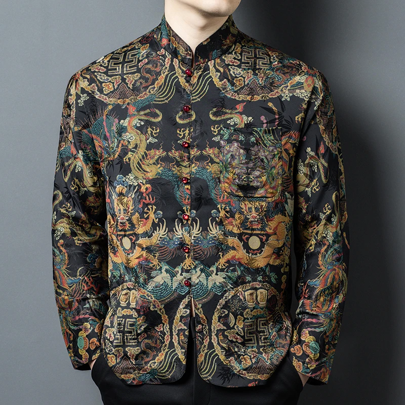 

Dragon Print Frog Shirts For Men Long Sleeve Tang Costume Pocket High-Quality Silk Viscose Blends Loose Luxury Camisas De Hombre