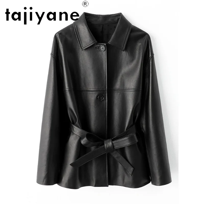 TAJIYANE Top Layer Sheepskin Mid-length Trench Coat Genuine Leather Jacket Women Luxury Outerwear Straight Jackets Belt Jaqueta