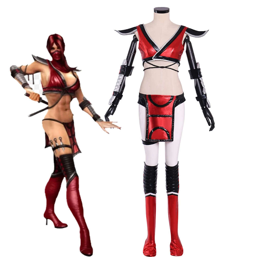لعبة مورتال كومبات كوسبلاي سكارليت زي نسائي مثير بذلة حمراء مع قناع الأسهم مجموعة لعب الأدوار لحفلات الهالوين