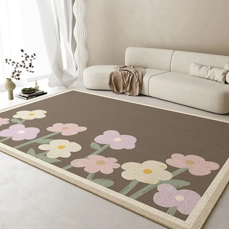 VIKAMA Fresh Living Room Carpet Waterproof Non-slip Coffee Table Carpet Large Area of Crystal Velvet Carpet Floral Mat