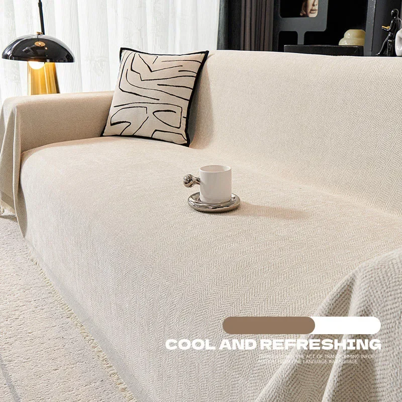 Solid Color Herringbone Sofa Cover with Tassels Luxury Multifunctional Blanket for All Seasons Anti Slip Protection Dust Cover